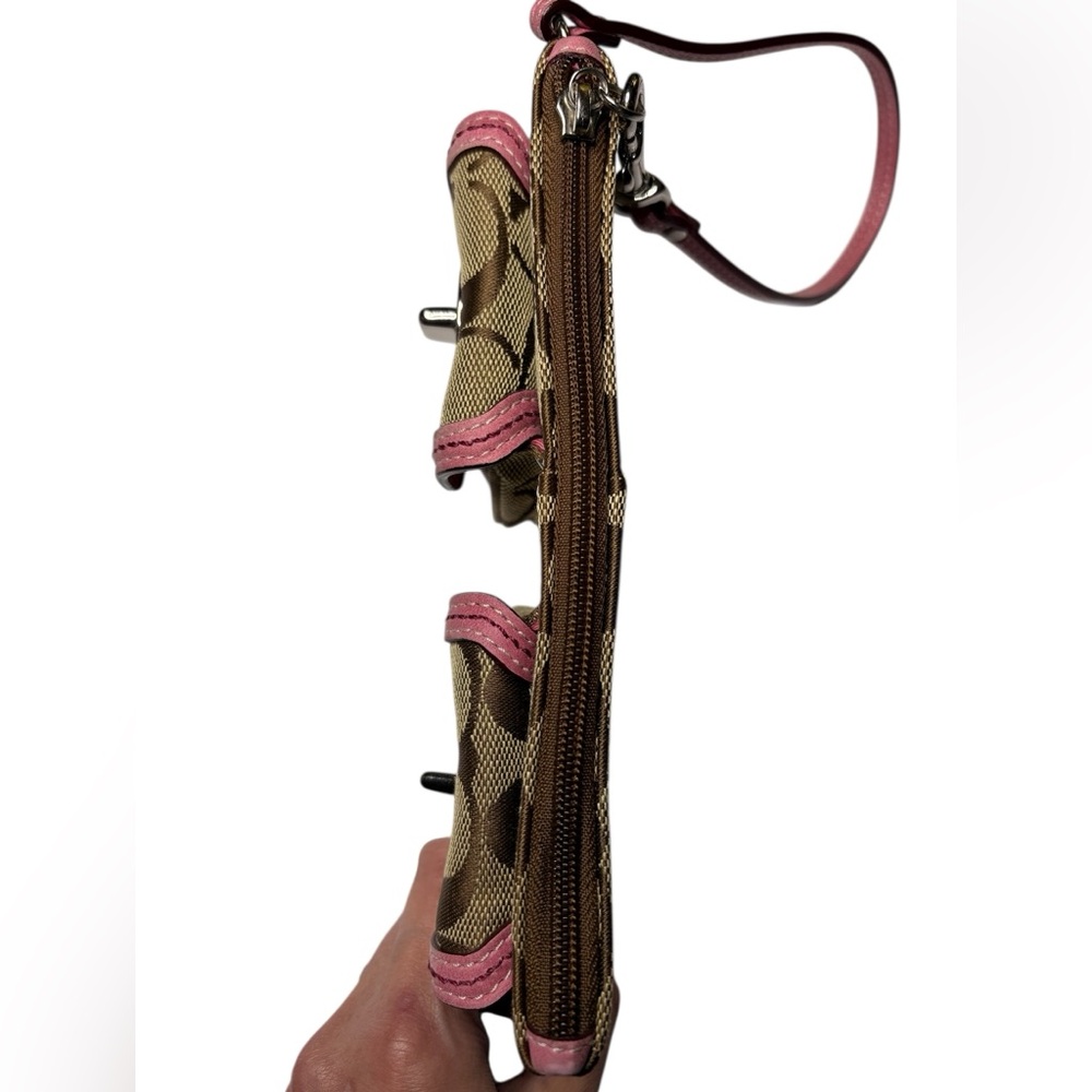 COACH 2005 Signature Double Pocket Wristlet Khaki Pink Trim – Vintage EUC - Picture 5 of 11